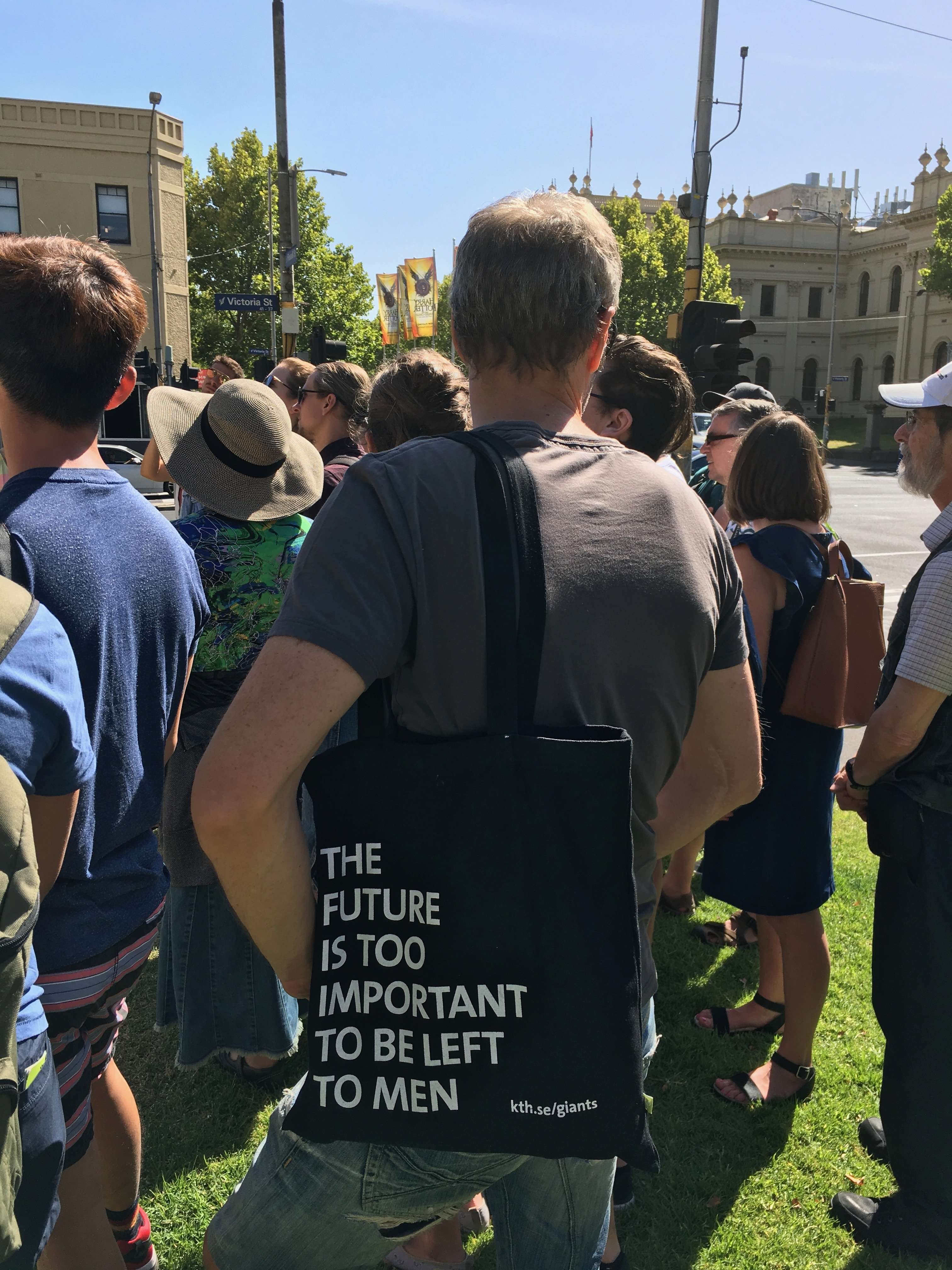Marcel with bag "The future is too important to be left to men"